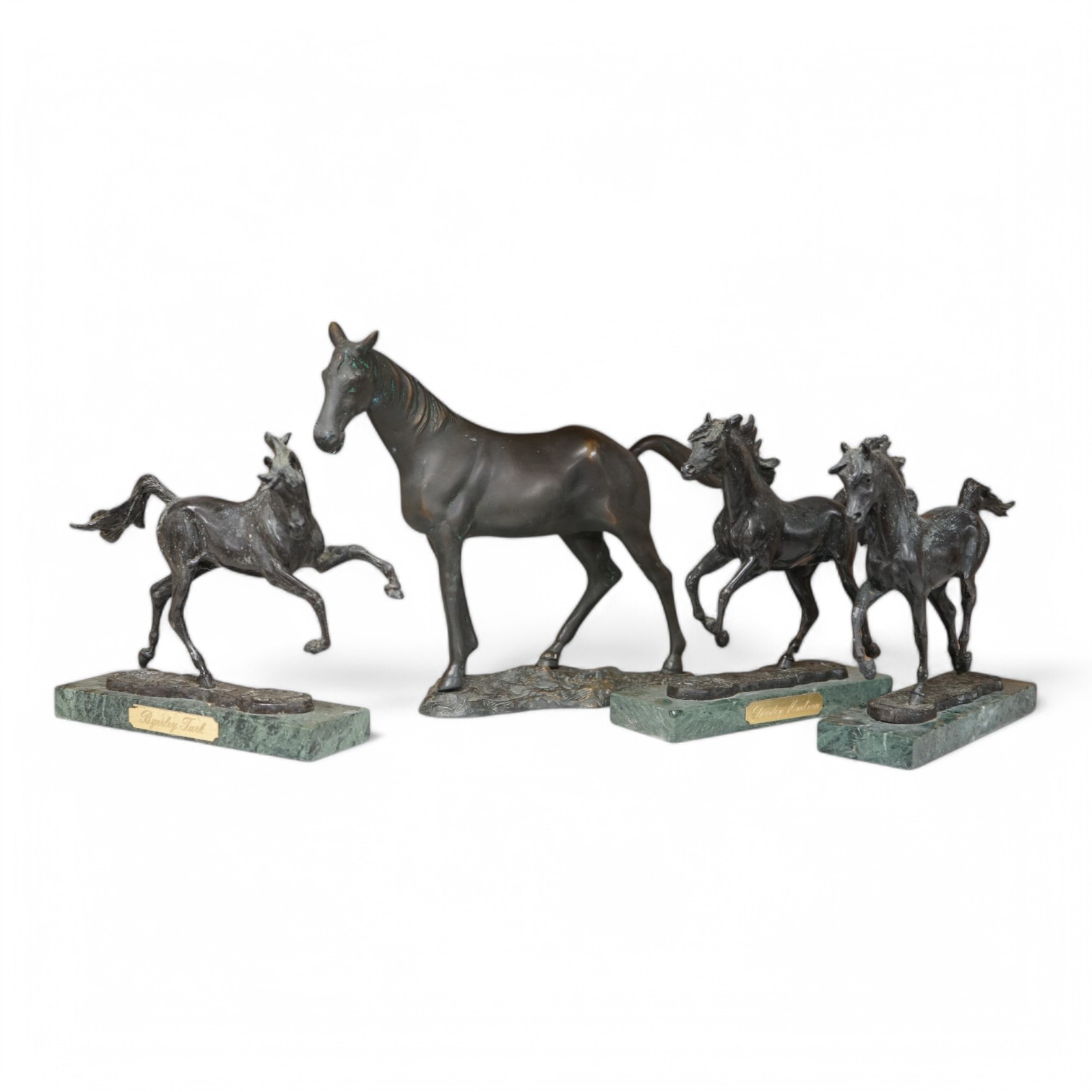 Osborne, three bronze models of horses, Darley Arabian and Byerley Turk, another similar model plus a spelter model of a horse (4). Tallest 25cm high. Condition - possibly with light cleaning the marks maybe removed from